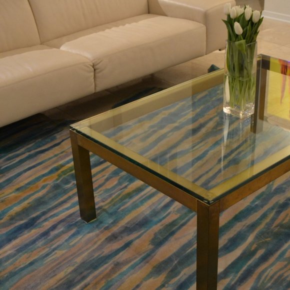 Brazilian Cowhides Other - Cowhide Leather Rug Blue beige White Striped dyed
